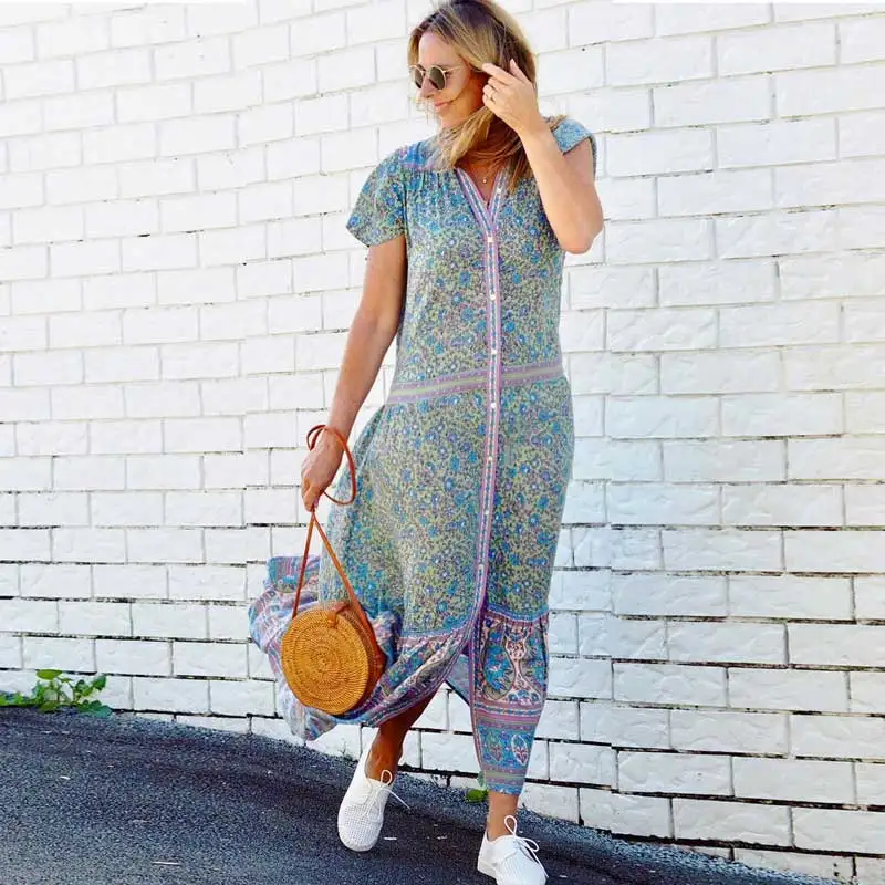 

Vintage Inspired jade floral print sleeve boho dress button down drawstring waist long dress Spring Summer 2019 chic women dress