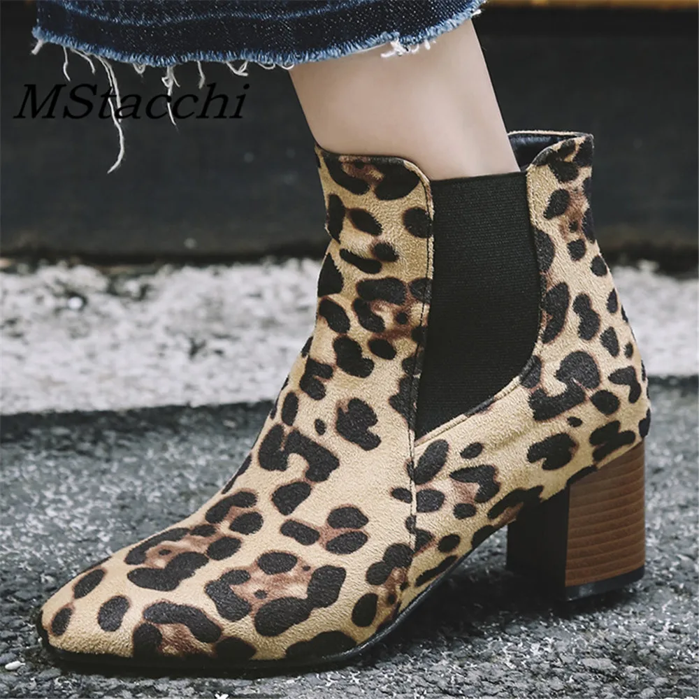 

MStacchi New Suede Women Ankle Boots Casual Platform Sexy Shoe Woman Square toe Slip On Winter Women Shoes Leopard Color Slip on