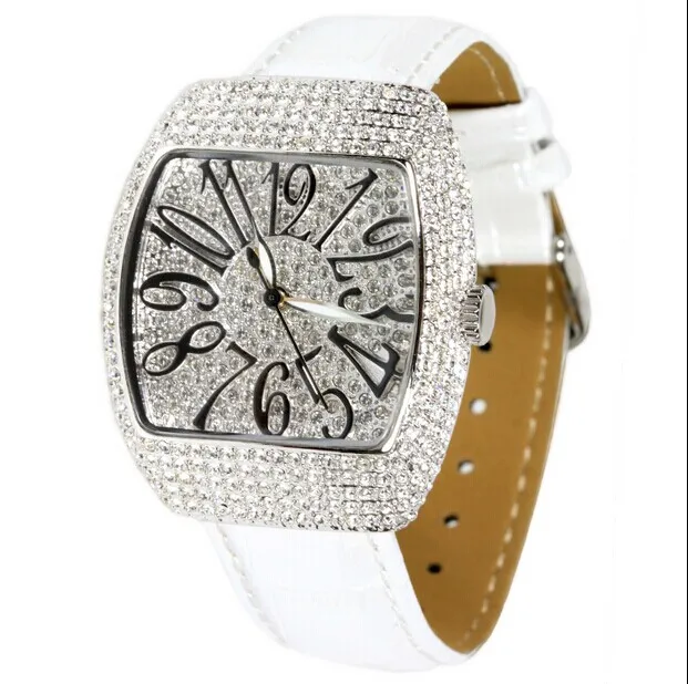Винтажные женские часы Tonneau с кристаллами под платье, большие размеры, модные кожаные повседневные наручные часы для девушек, кварцевые часы Relogio Montre femme - Цвет: Белый