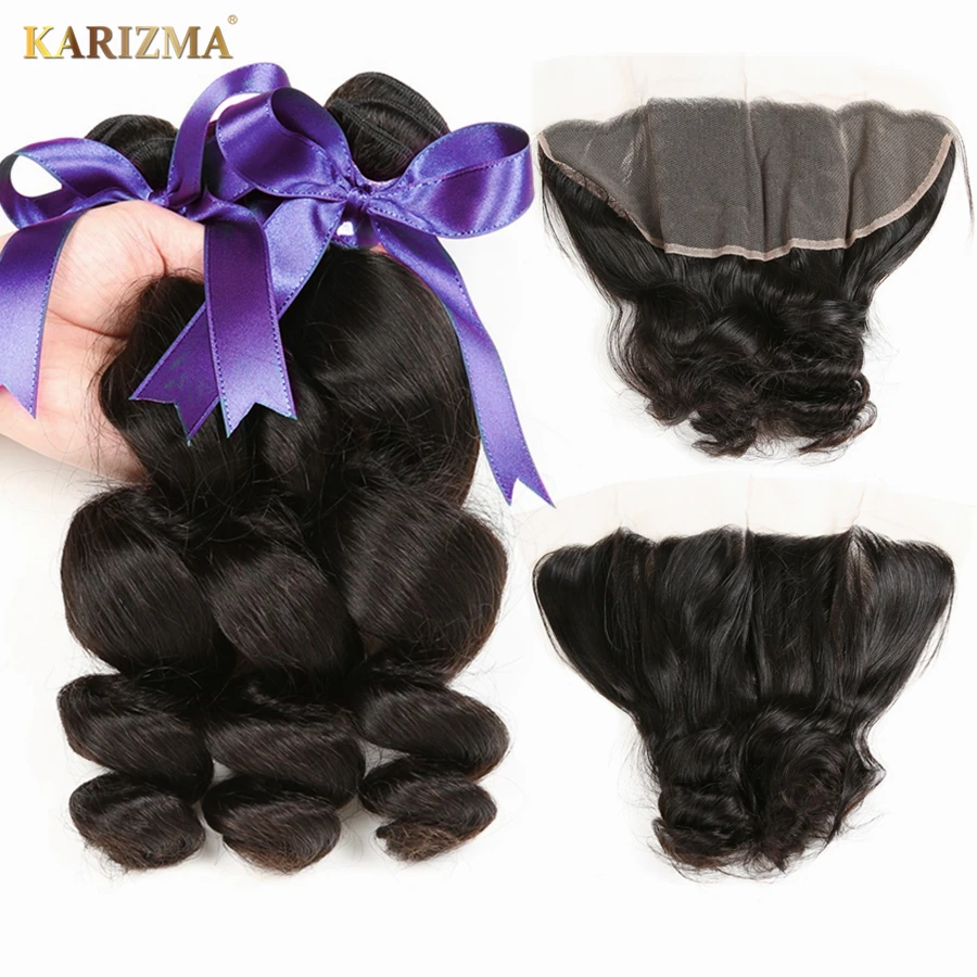 Karizma Indian Loose Wave Bundles With Frontal Lace Closure 13X4 Human Hair Weaves With Frontal Closure 4 Pcs Non Remy Hair