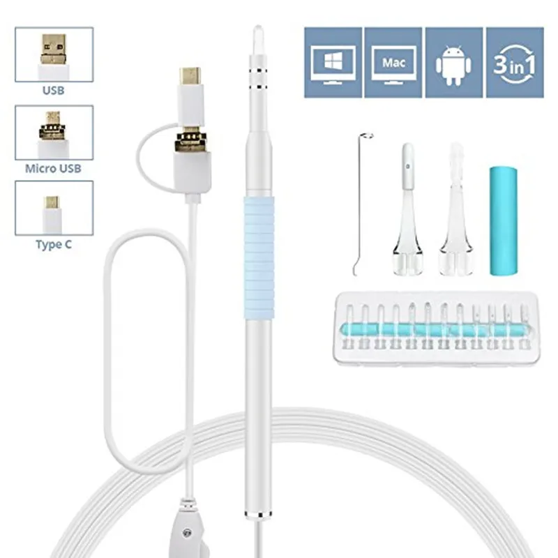 JCWHCAM 5,5 мм объектив 2 м кабель 3 в 1 Android USB эндоскопа Камера уха Чистый ложку Earpick отоскоп Камера для ПК и телефон