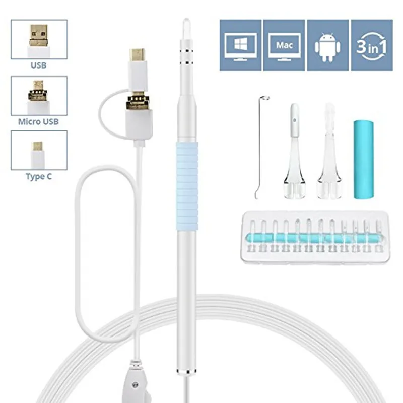

JCWHCAM 5.5mm Lens 2m Cable 3 IN 1 Android USB Endoscope Camera ear clean spoon Earpick Otoscope Camera For PC And Phone