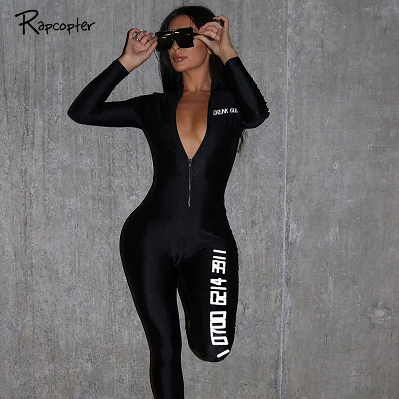 

Rapcopter Letter Women Jumpsuits Skinny Print Zipper Pop Bodysuits Casual Sport Womens Jumpsuit New Fashion Full Length Bodysuit