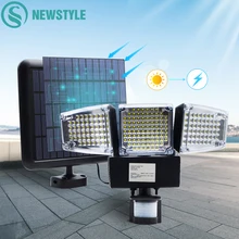 188 светодиодный светильник на солнечной батарее с тройной головкой, датчик движения PIR, лм, открытый активированный прожектор, солнечный светильник, водонепроницаемые солнечные лампы