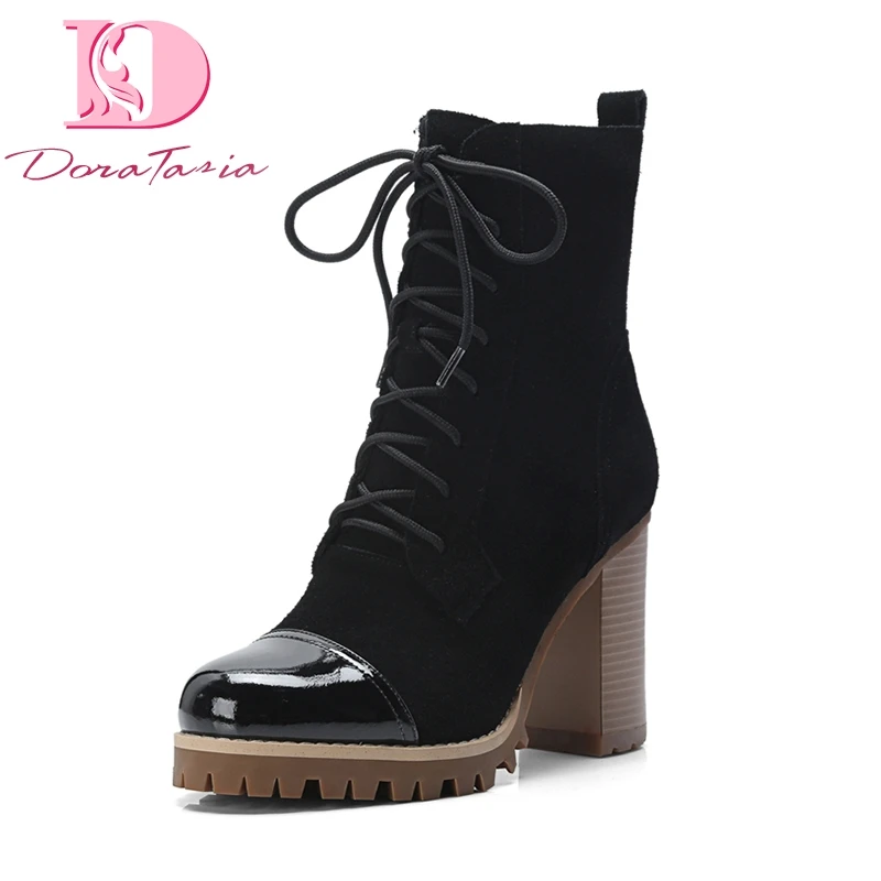 

DoraTasia Brand New cow suede square high Heels party women Boots Shoes fashion genuine leather Ankle Boots Shoes Woman