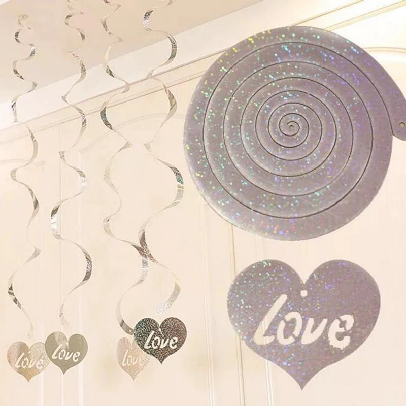 

1Set pink/gray/rose Red Foil Heart Swirls Banner Spiral Plastic Ornament For Wedding Party Decoration Birthday Party Accessories