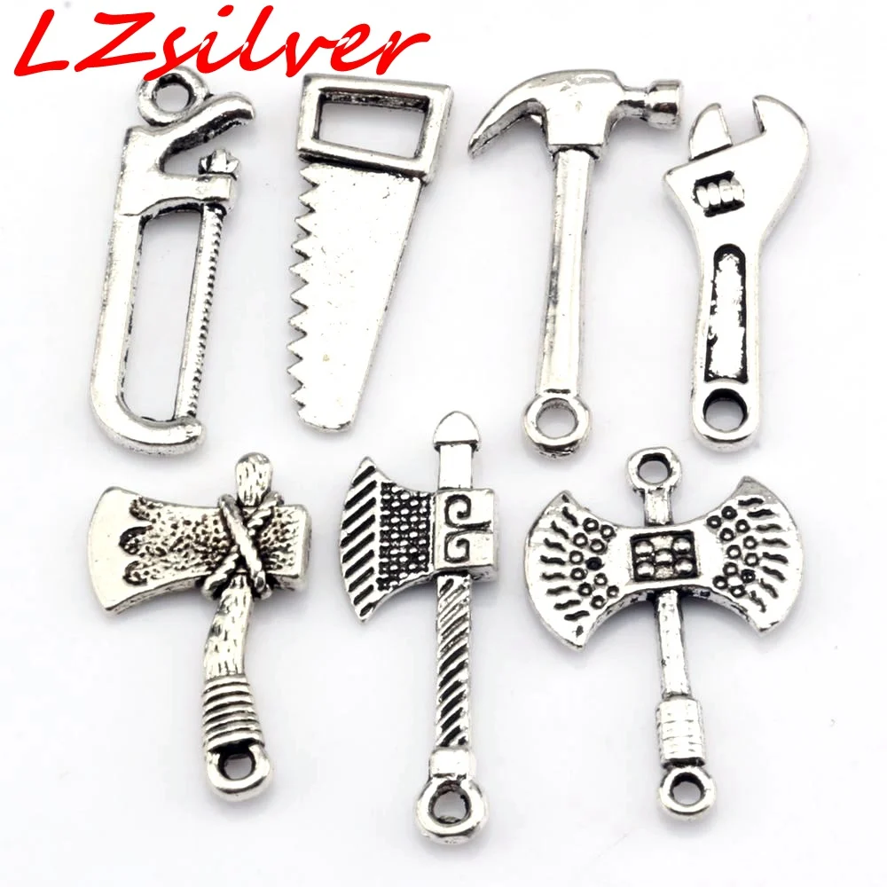 MIC 14 pcs Antique Silver Alloy Wrench Hatchet Hacksaw Hammers mixed