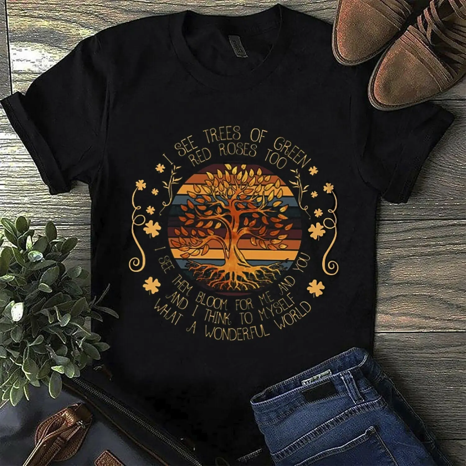 

Hippie Tree I Think To Myself What A Wonderful World T Shirt Black Men S 6Xl
