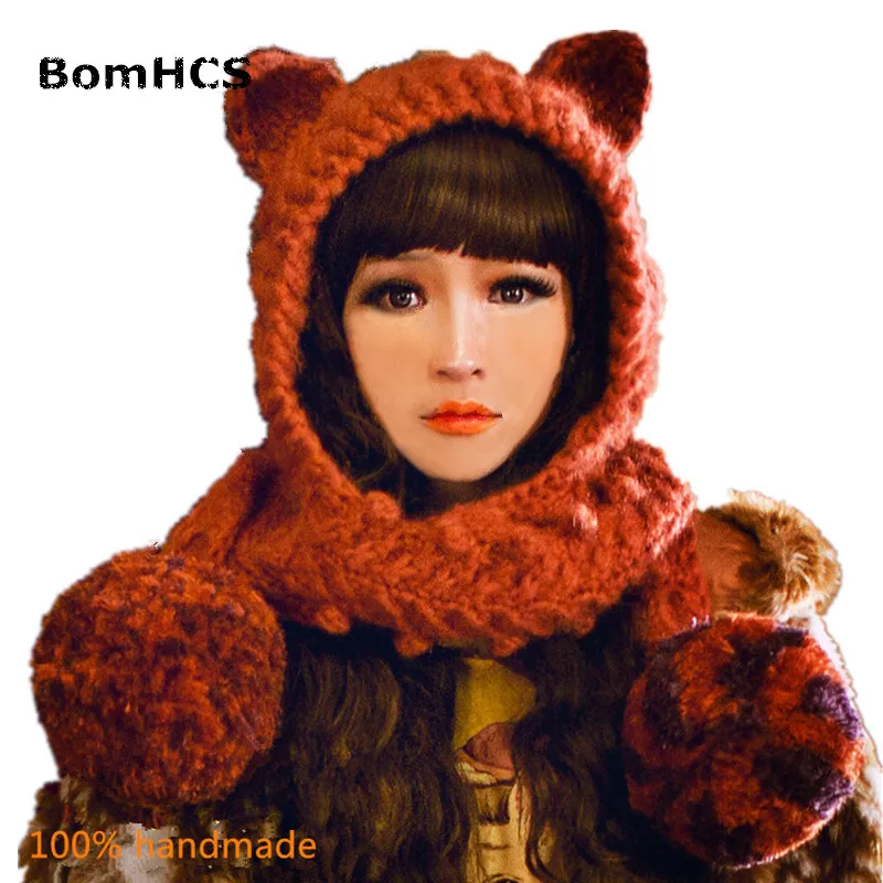 

BomHCS Hat with Scarf Cute Cat Ears Winter Warm 100% Handmade Knitted Beanie Neckerchief (without gloves)