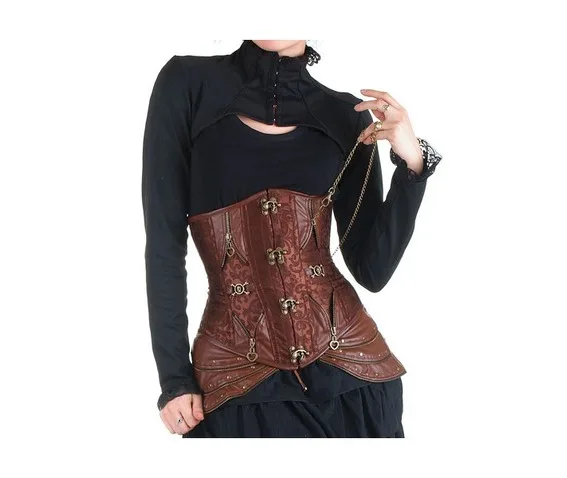 

Brown and gold steampunk underbust corset pancel plus size gothic corset waist shaping chains skull pirate corset for women