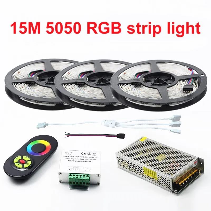 

New Decorate 15 Meters RGB Led Strips 5050 60Leds/M christmas Light Non-Waterproof Tape+18A Touch RF Dimmer Remote Controller