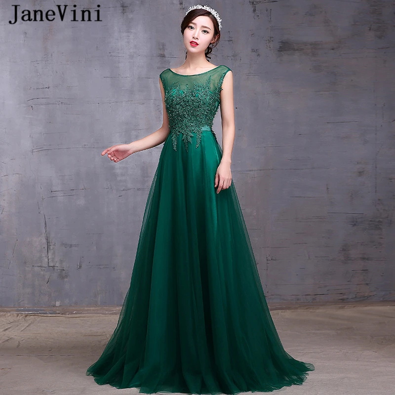 

JaneVini Elegant Dark Green Long Bridesmaid Dresses Scoop Neck Cap Sleeves Appliques Beaded A Line Tulle Dress Vestiti Damigelle