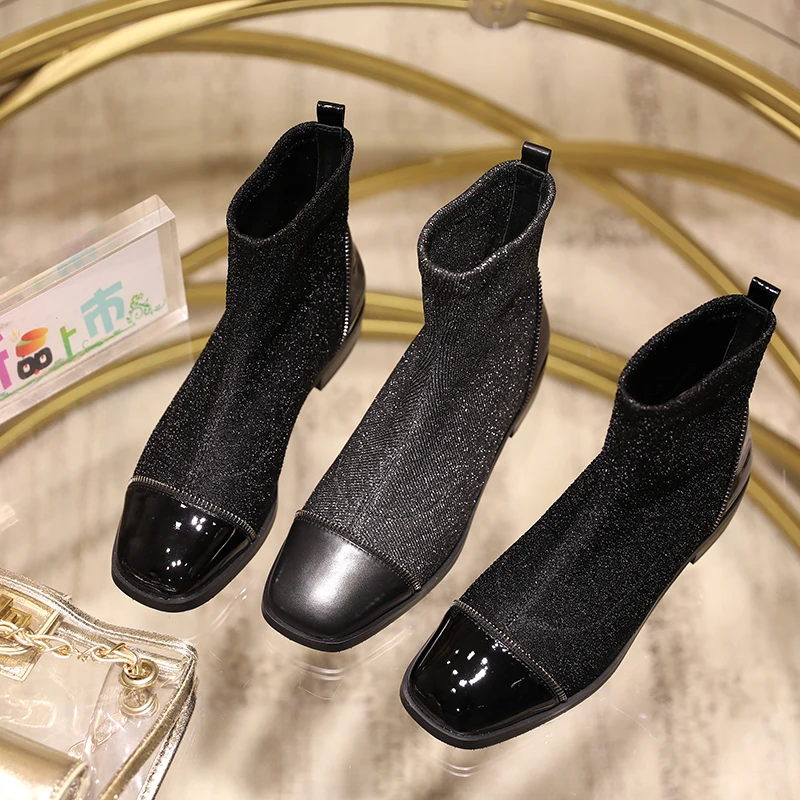 

Casidueho Women Short Boots Square Toe Flats Dress Shoes Woman Slim Winter New Motorcycle Booties Real Leather zapatos de mujer