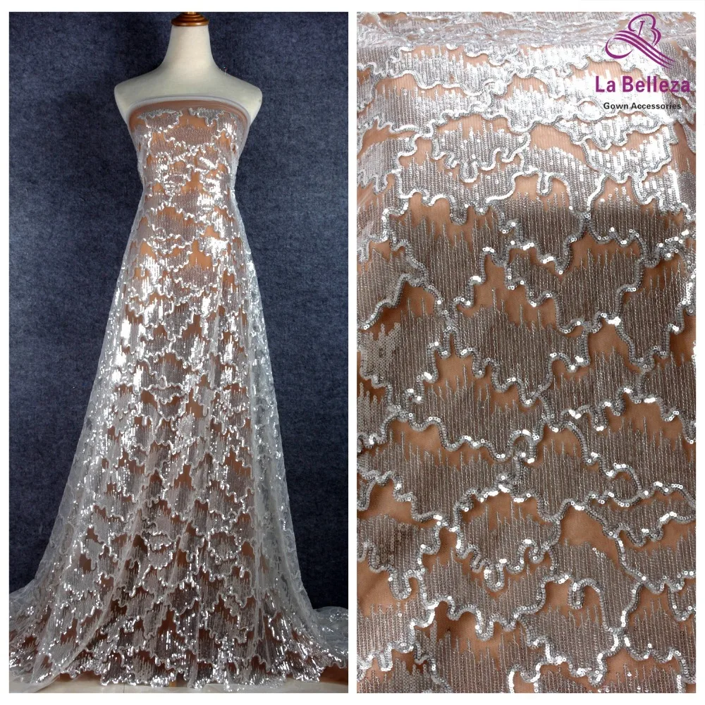 La Belleza новая блестящая кружевная ткань прозрачное серебряное блестящее свадебное платье кружевная ткань 1 ярд