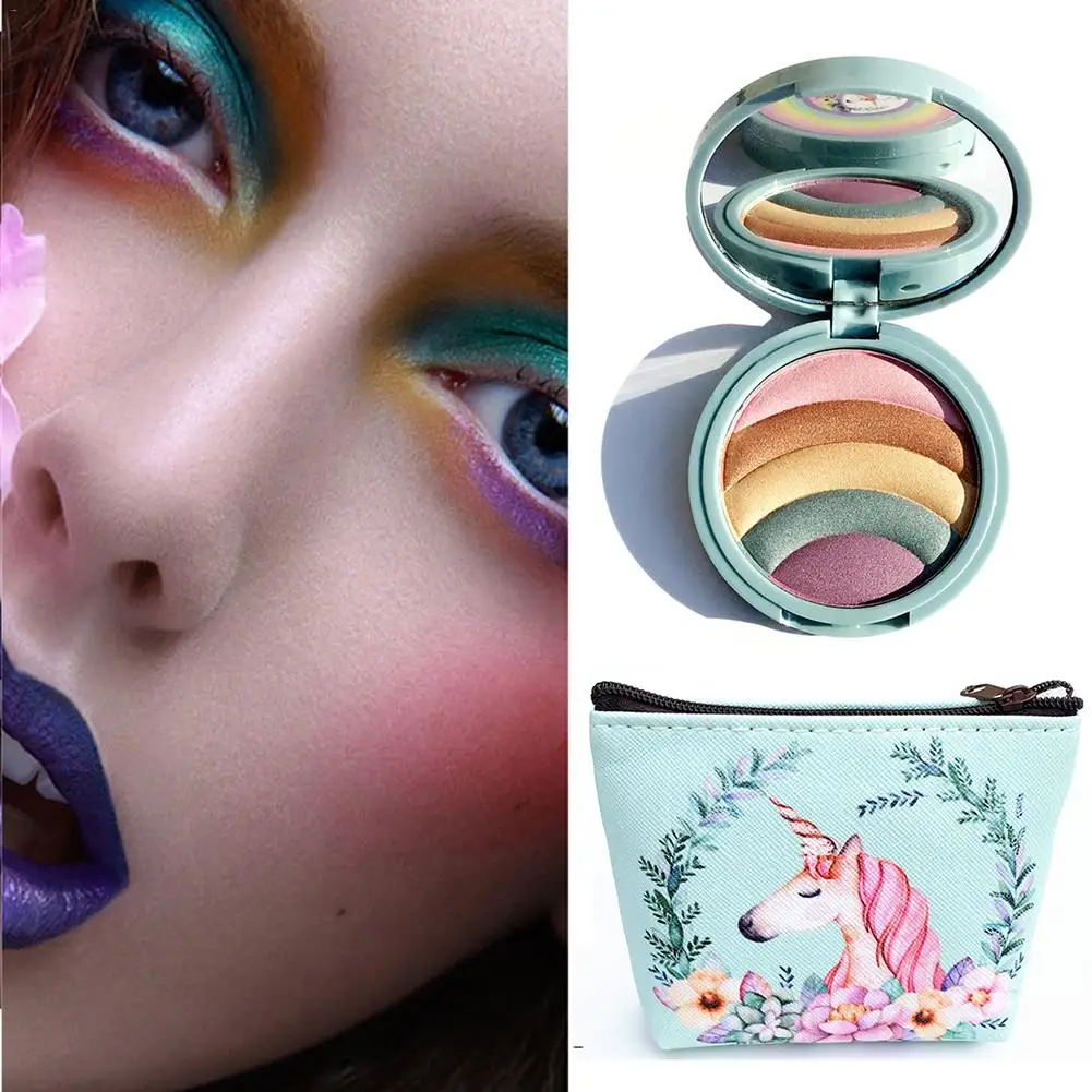 

5 Colors Shimmer Eyeshadow Tray Rainbow Powder Pan-Box With Mirror Cosmetic Bag Makeup Set