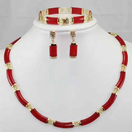 

12664 Noblest ! Red Ruby Link Necklace Bracelet earring Set