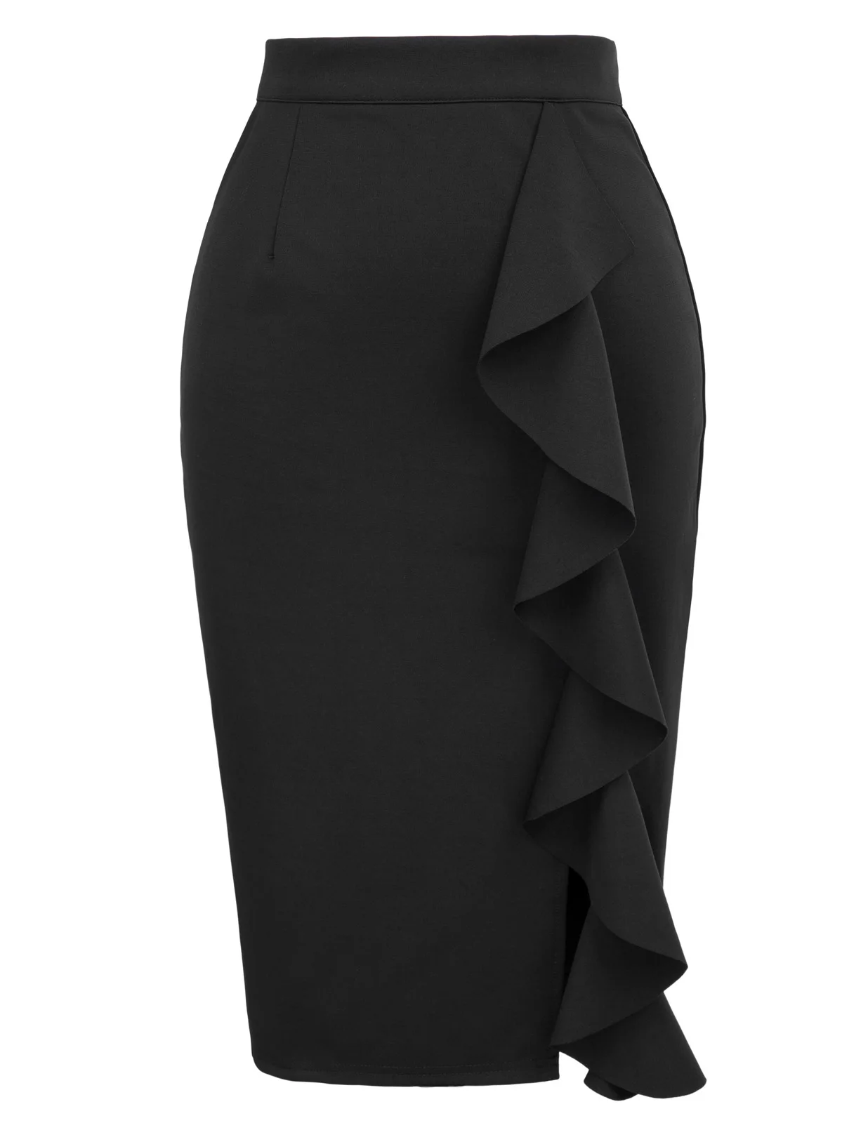 Сексуальная Женская юбка-карандаш, украшенная рюшами, в бедрах, Офисная Женская юбка, одежда для работы, облегающая, с разрезом сбоку, элегантная юбка, faldas mujer - Цвет: Black
