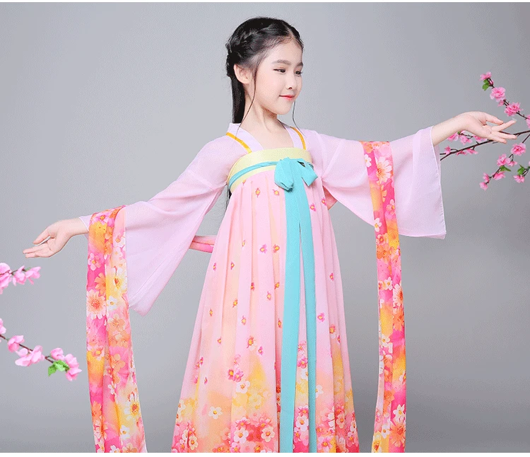 Детский китайский костюм для народных танцев, платье ханьфу для девочек, Детский костюм принцессы для танцев, сценический костюм феи 89