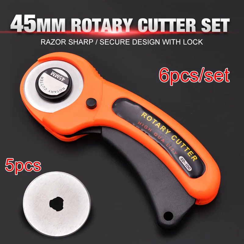 

6pcs/set 45mm Rotary Cutter Set Handle Roller Knife 5pcs Blades For Patchwork Leather Craft Sewing Tool