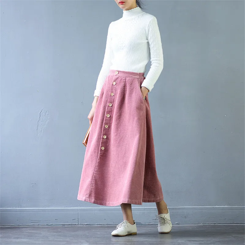 SCUWLINEN 2019 Для женщин юбка Винтаж одноцветное вельвет-линии Повседневное юбки до