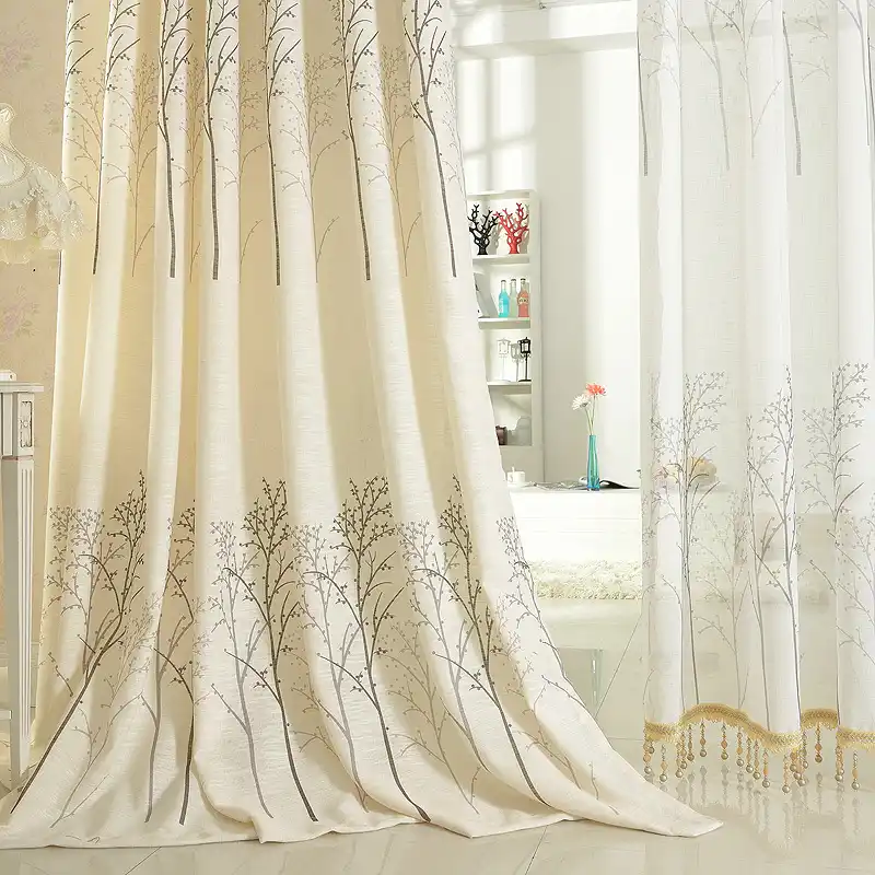 Cream Color Semi Shading Linen Trees Curtains For Windows Drapes