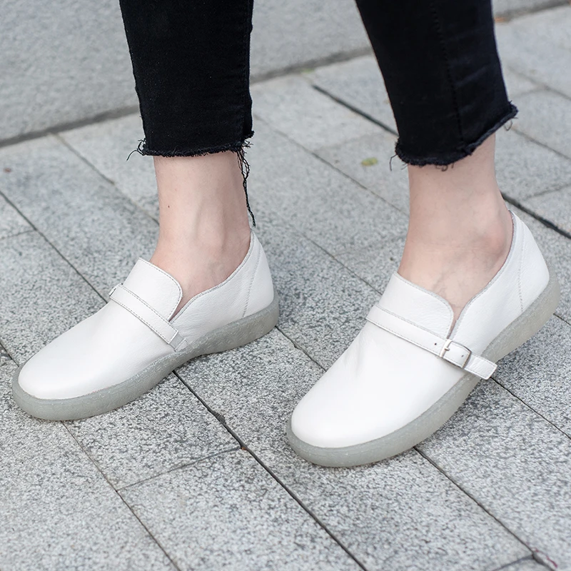 

Fresh Fashion Loafers Shoes Woman Buckle Strap Design Genuine Leather Lady Flat Shoes Round Toe Handmade Soft Casual Female Shoe