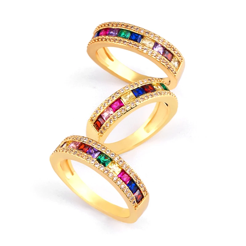 Cz Rainbow Ring Band Zirconia Ladies Pave Colored Gold Baguette Rings for Women Jewellery Righ | Украшения и аксессуары