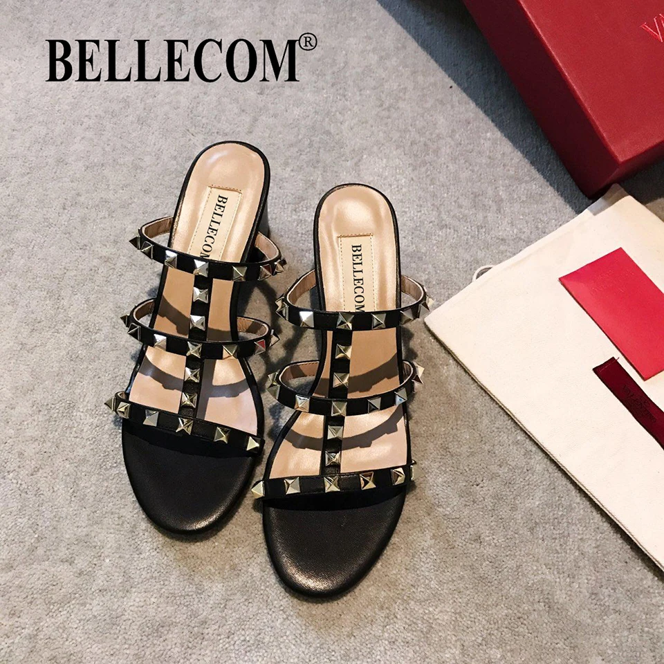 

BELLECOM 2019 Summer New Medium-heel Dermal Riveted Slippers High-heeled Open-toed Beach with Sandal Slippers