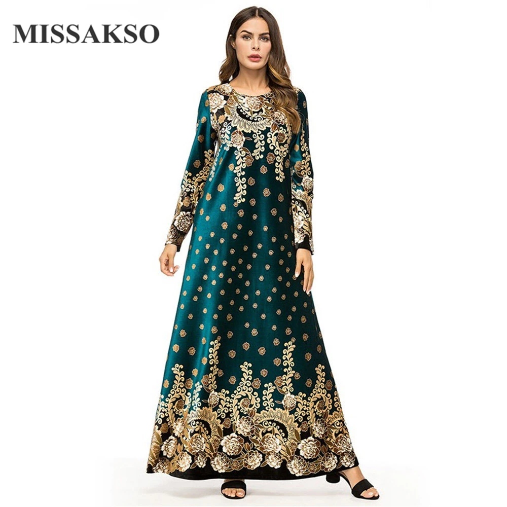 Missakso الأخضر سميكة أنيقة النساء فساتين المخملية خمر طويلة الأكمام الطبيعي الأزهار التطريز الخريف الشتاء س الرقبة السيدات