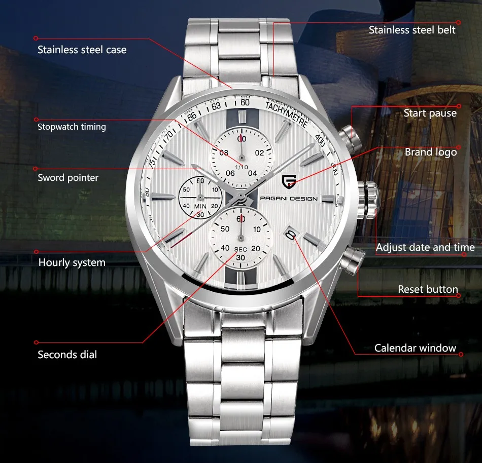 мужские часы Pagani Дизайн Элитный бренд хронограф Бизнес Часы Для мужчин Водонепроницаемый 30 м японский двигаться Для мужчин t кварцевые