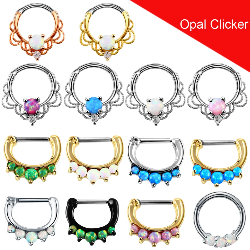 

1PC Gothic Lace Opal Stone Hinged Nose Septum Hoop Rings Pierced Round Daith Rook Septum Clicker Earrings Piercing Body Jewelry