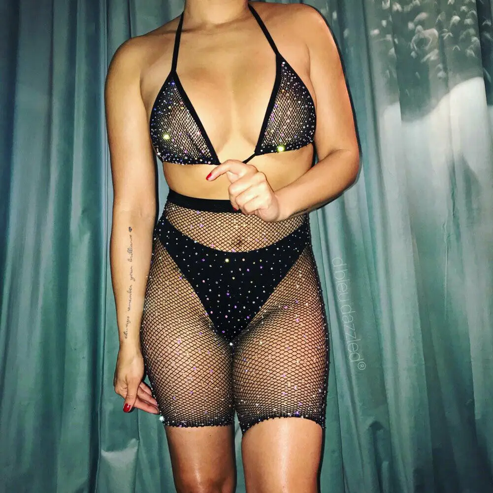 

2019 Women Bikini Set Rhinestone Mesh Swimsuit Swimwear Beach Summer Bathing Suit Push Up Solid Bandage High Waist Swimsuits