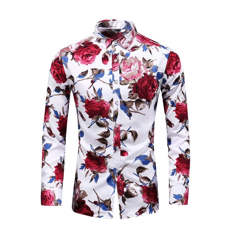 2018 الخريف جديد الأزياء الذكور قميص عارضة طويلة الأكمام زر قميص للرجال روز المطبوعة الزهور قمصان الرجال زائد حجم 5XL 6XL 7XL