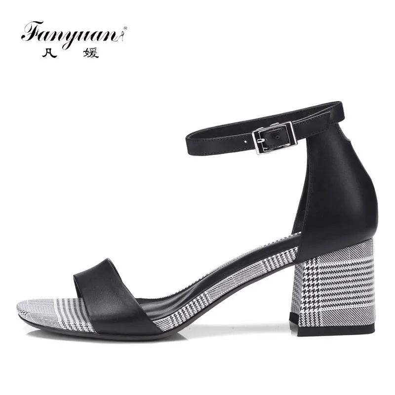 

Fanyuan Ankle Strap Heels Women Cow leather Sandals Summer Shoes Women Open Toe Chunky High Heels Party Dress Sandals Size 42