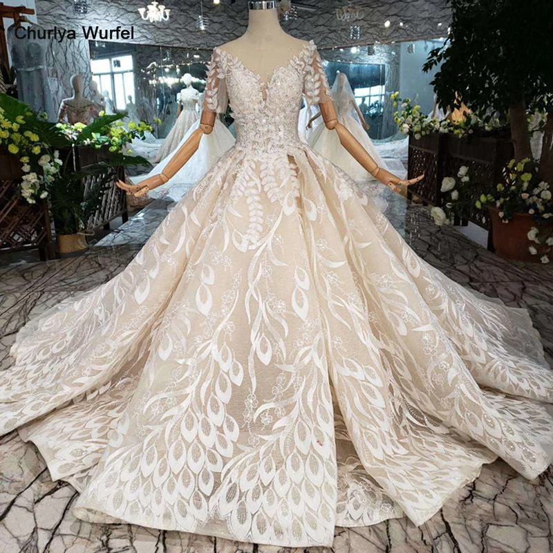 Lace Wedding Dress With Leaf Shaped Applique O Neck Peacock Style