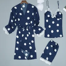 Модная женская сексуальная атласная пижама в горошек, одежда для сна, халат с длинным рукавом, комплект из 3 предметов, ropa interior femenina, Сексуальная Эротика