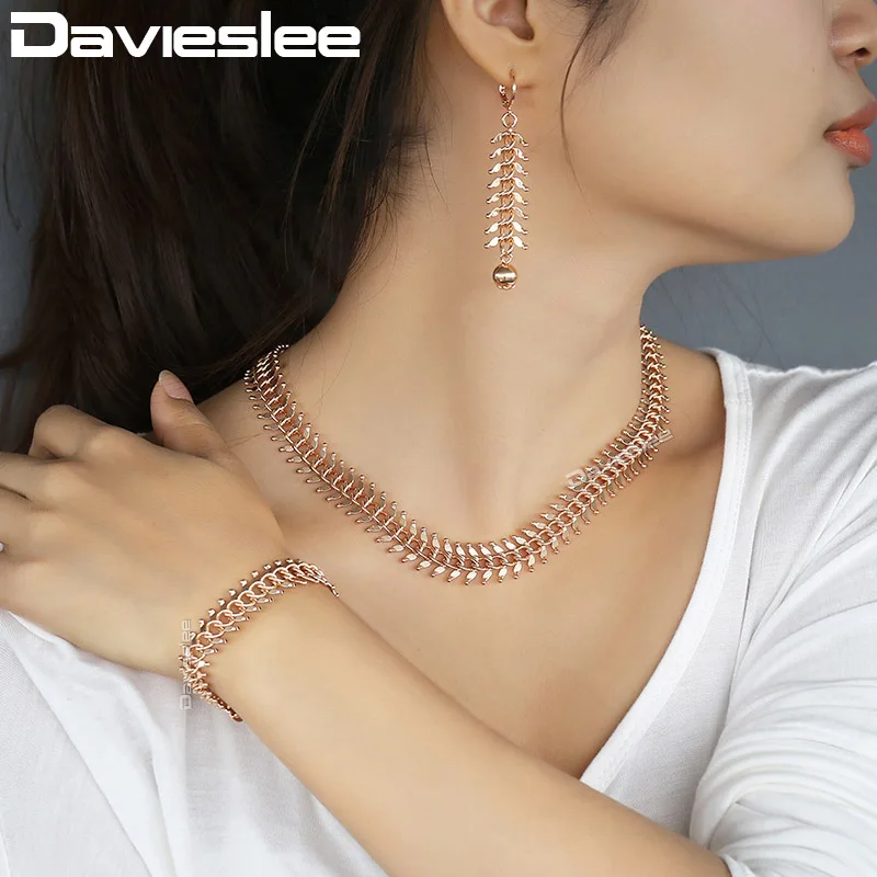 Davieslee Jewelry Set For Women 585 Rose Gold Centipede Link Chain Necklace Bracelet Earrings Woman Dropshipping 10/14mm DCSM01