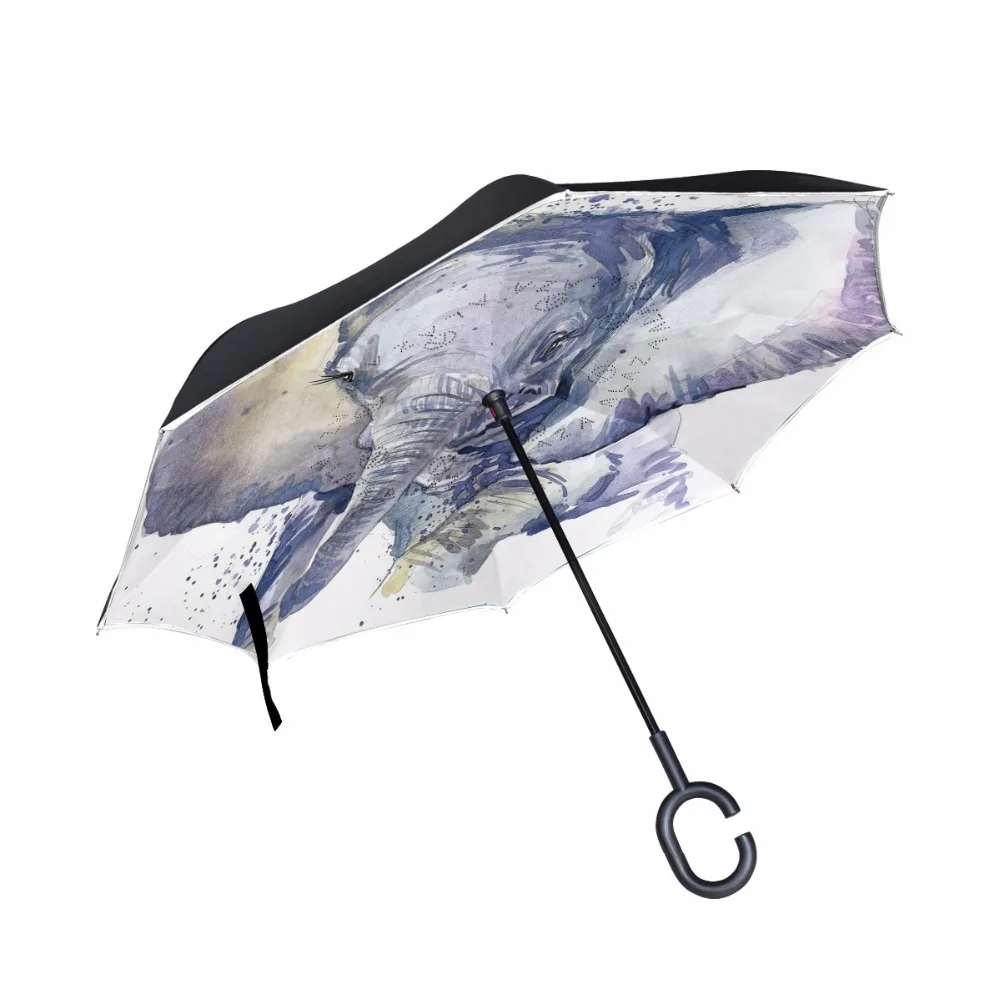 

Watercolor Painting Animal Pattern Reverse Umbrella Long Shank Inverted Double Layer Creative Self Stand Rain Protection Parasol