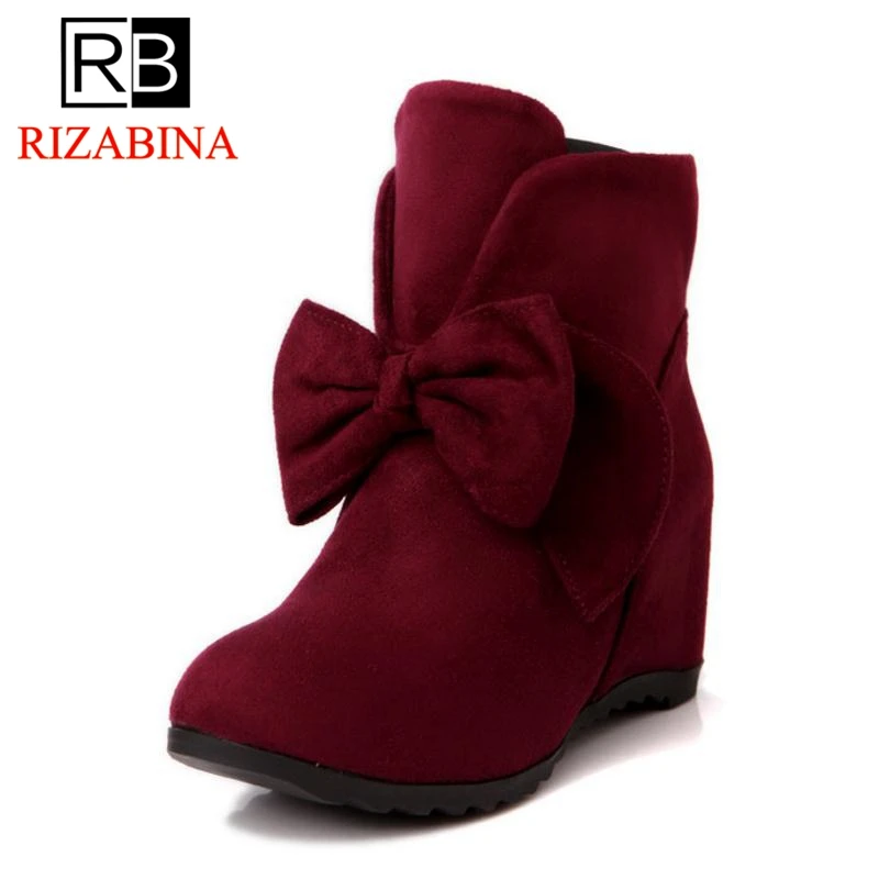 

RizaBina Size 33-43 4 Colors Ankle Boots Woman Shoes Bowtie Wedges Plush Fur Winter Shoes Warm Fur Short Boots Ladies Footwear