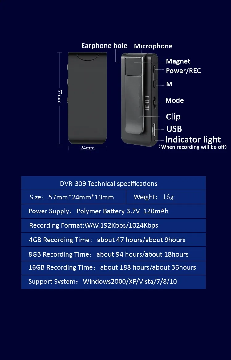 8 ГБ 16 ГБ Высокочувствительный беспроводной Диктофон 1024 Кбит/с PCM High Fidelity Аудио рекордер поддержка MP3 и FM радио