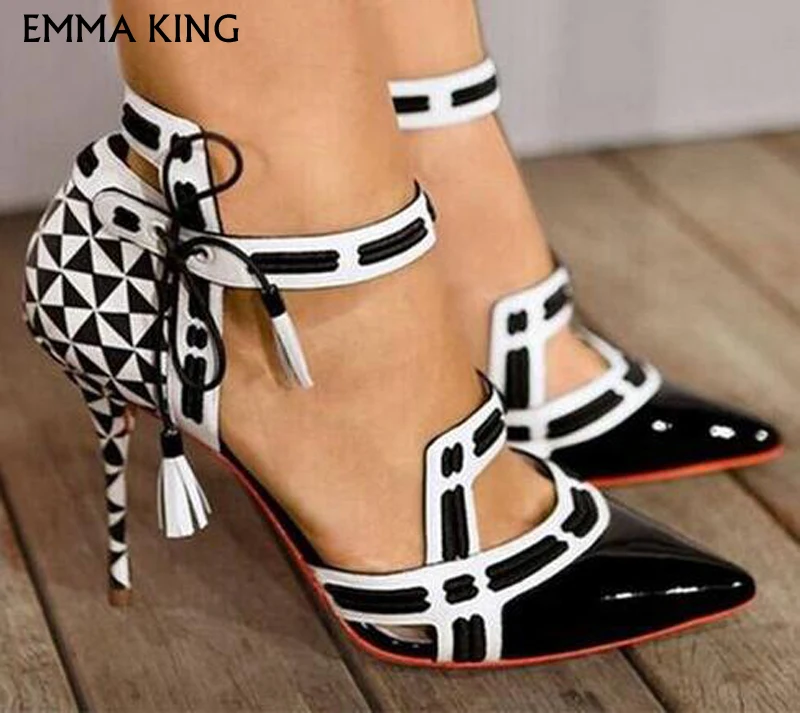 

EMMA KING Black White Gingham Tassel High Heel Shoes Mixed Colors Point Toe Plus Size Pumps Party Shoes Women Free Shipping