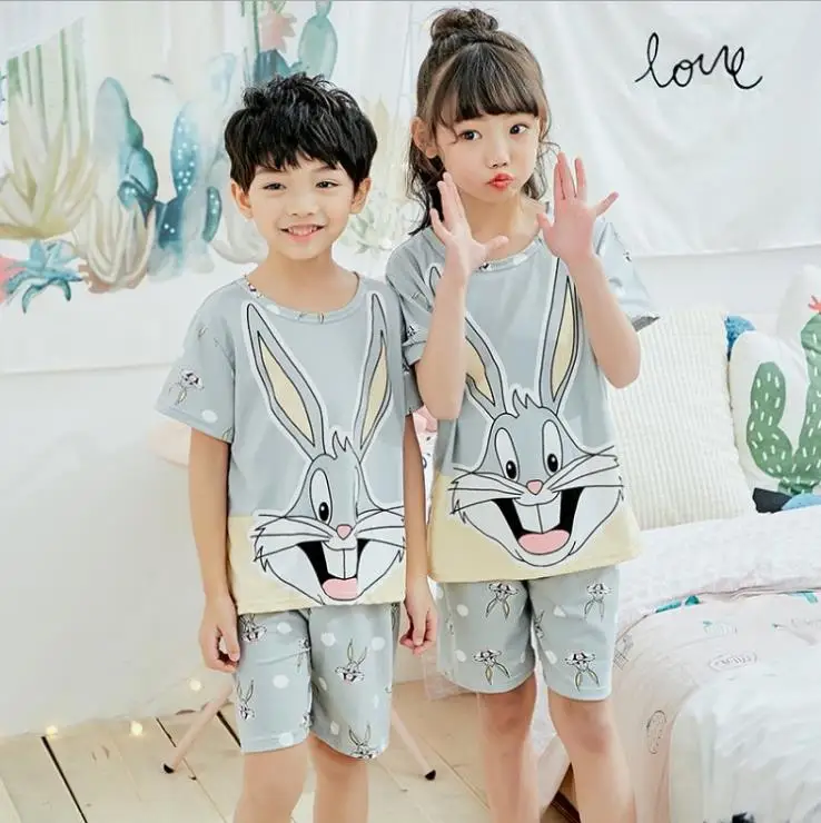 Детские пижамы тонкий летний хлопковый комплект для мальчиков и девочек с короткими рукавами, с героями мультфильмов - Цвет: style 1