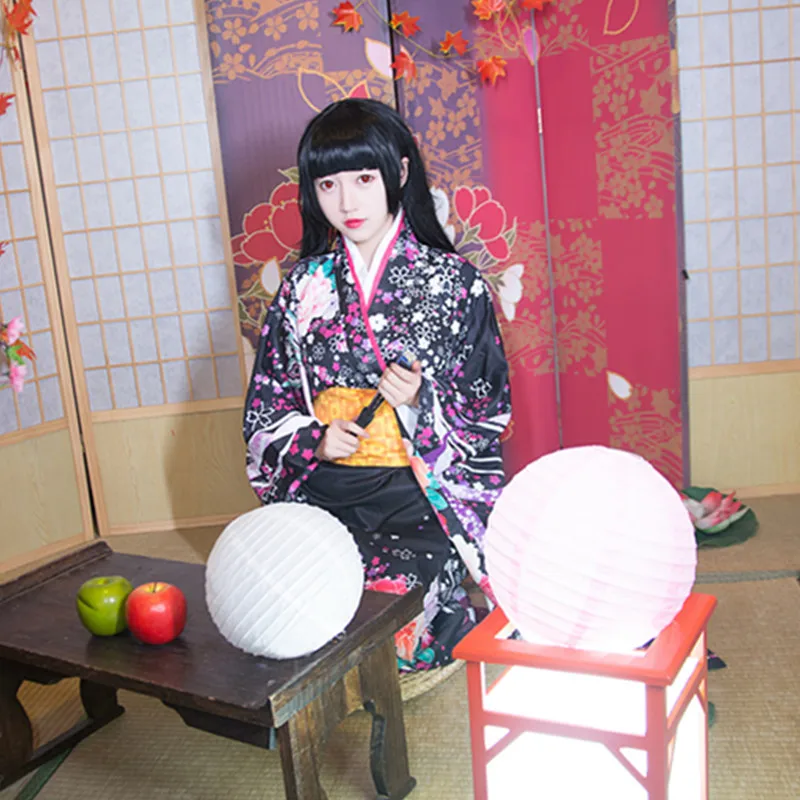

High Quality Japanese Women Cosplay Kimono Yukata With Obi Female Long Sleeve Satin Kimono Print Floral&Butterfly Stage Costume