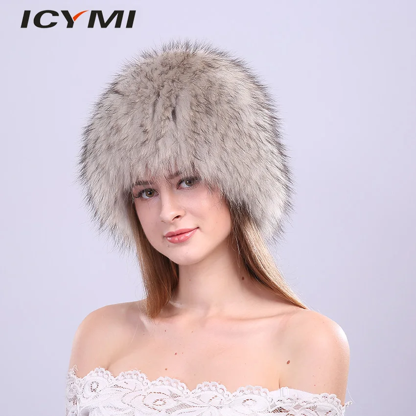 ICYMI зимняя женская шапка натуральный мех енота эластичная вязаная шапка женский пышный парик натуральный мех шапка женские теплые шапки