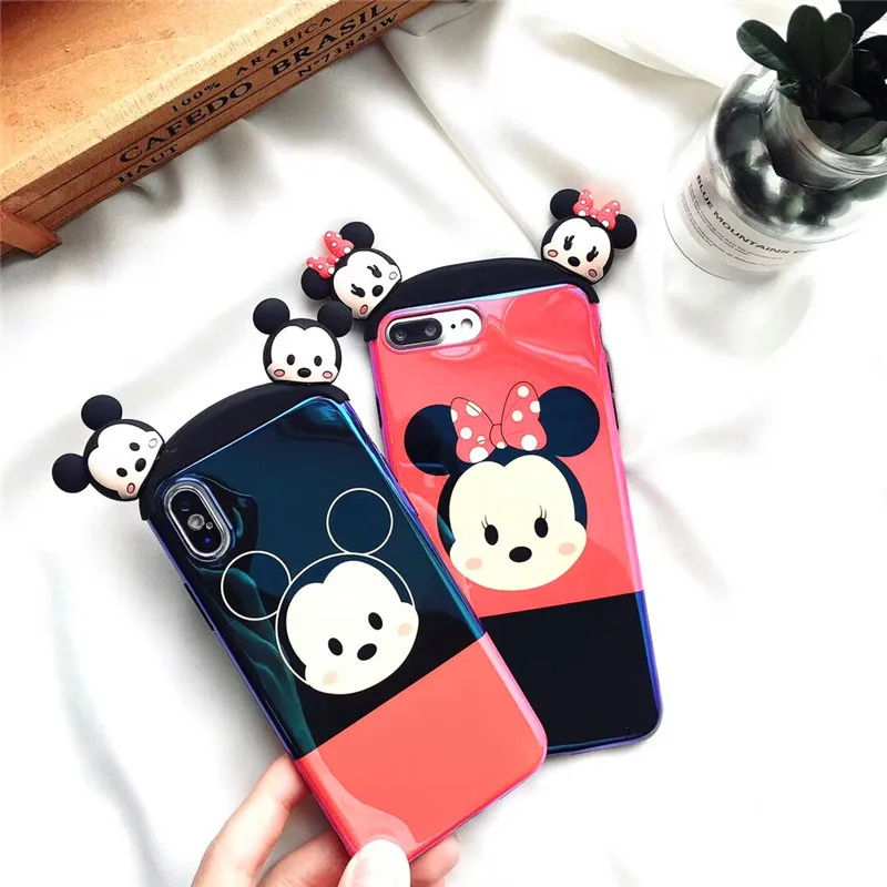

Luxury Cartoon 3D For iPhone 6 6s 7 8 Plus X Case Love Mickey Minnie Soft TPU Blue ray Pattern Back Phone Cases Cover Capa