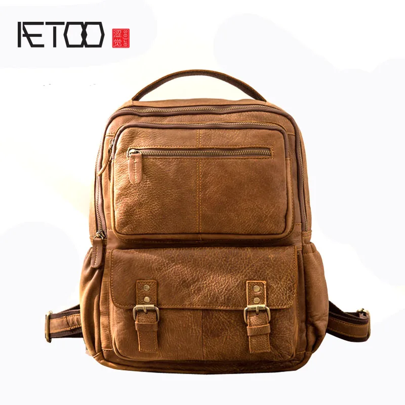 

BJYL CRetro shoulder bag men's leather large-capacity backpack leather personality college bag men