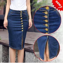 Denim skirt for Women Knee Length Plus Size High Waist Butt Lift Button Front mid thigh no pocket Size 3XL 5XL 12 16 ouc348