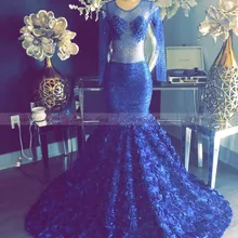 Со сверкающими блестками платье с юбкой годе Королевского синего цвета платье для выпускного вечера с одежда с длинным рукавом 3D цветочный Поезд Иллюзия большого размера в африканском стиле вечернее формальное платье