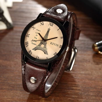 

New Fashion Mens Leather Wrist Watch Eiffel Tower Roman Dial Design Quartz Watch Cool Mens Best Gifts Womens Mens Lover Watches