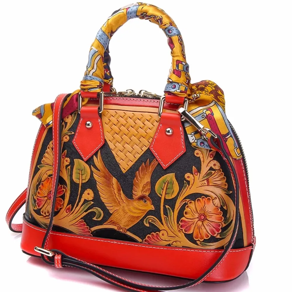 China Flowers and Birds Designer Genuine Leather Carved Ladies Small Red Shell Purse Cross ...